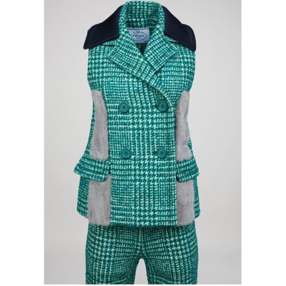 Prada Fall 2015 Green Tweed Ensemble Pants Vest with Mink Fur Accents IT 42 US 6 - Picture 2 of 16